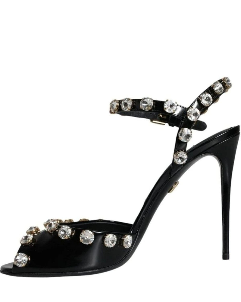 Dolce & Gabbana Black Leather Crystal Ankle Strap Sandals Shoes Heels