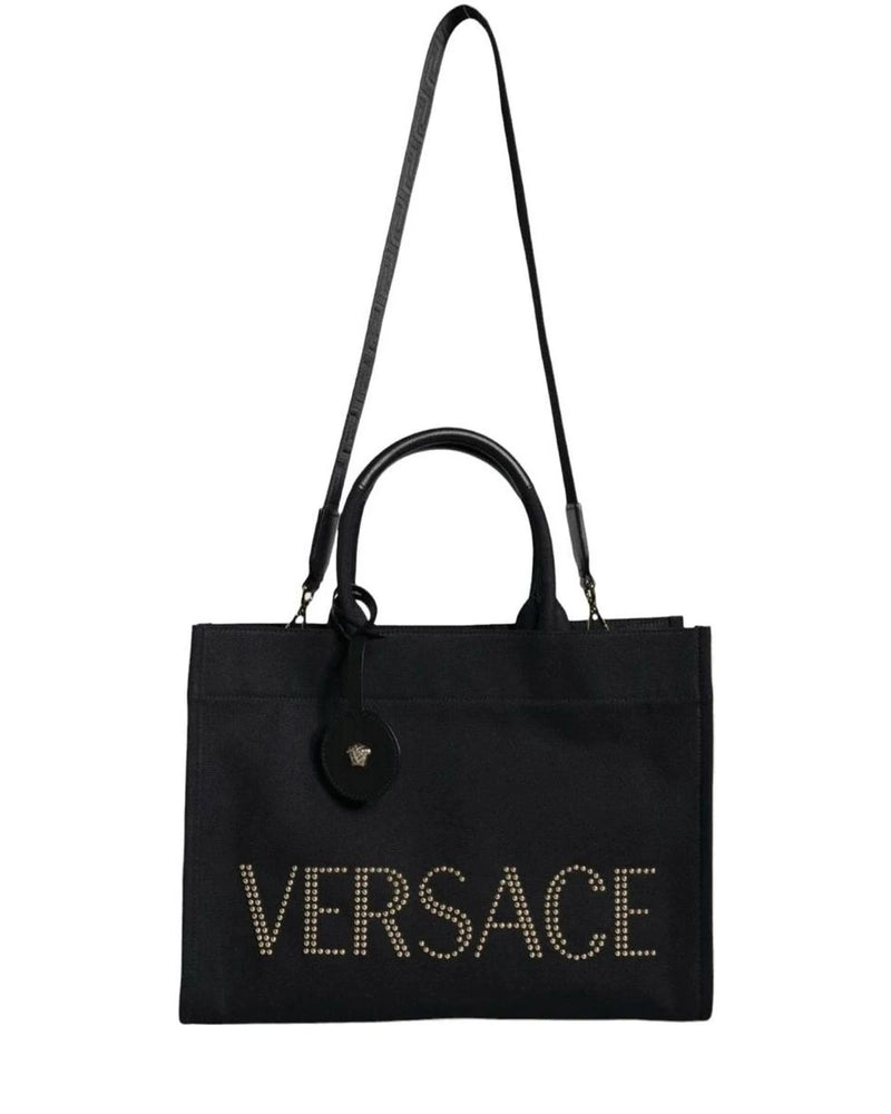 Versace Top Black Handle Canvas Leather Logo Crossbody Tote Bag Cross Body Bags
