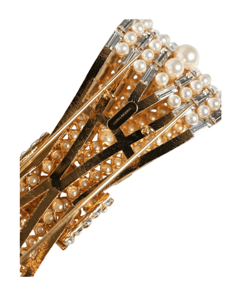 Dolce & Gabbana Gold Tone Brass Bow Crystal Fauxpearl Embellished Brooch Brooches & Lapel Pins