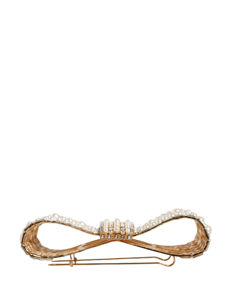 Dolce & Gabbana Gold Tone Brass Bow Crystal Fauxpearl Embellished Brooch Brooches & Lapel Pins