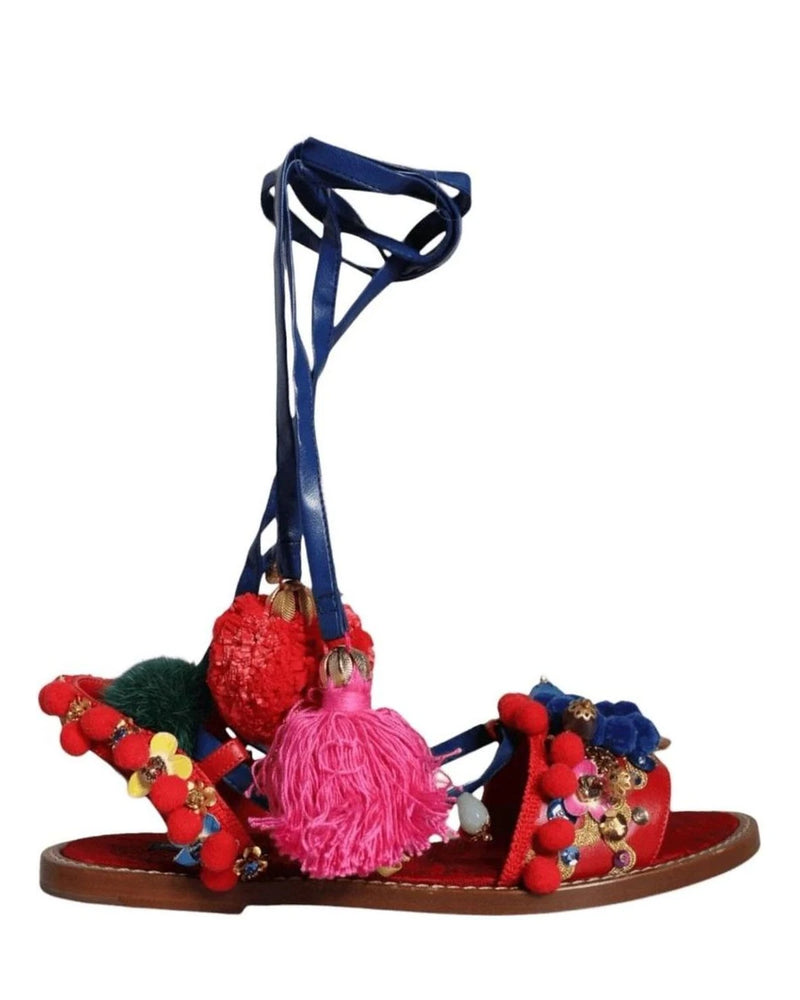Dolce & Gabbana Multicolor Pom Pom Fur Wrap Sandals Shoes Sandals