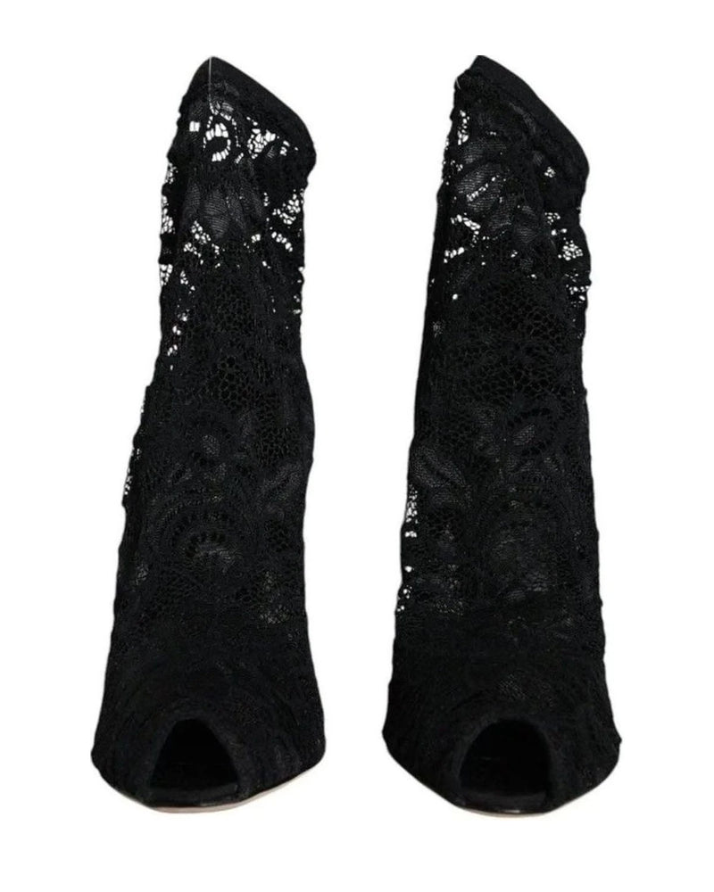 Dolce & Gabbana Black Lace Stretch Heels Mid Calf Boot Shoes Boots