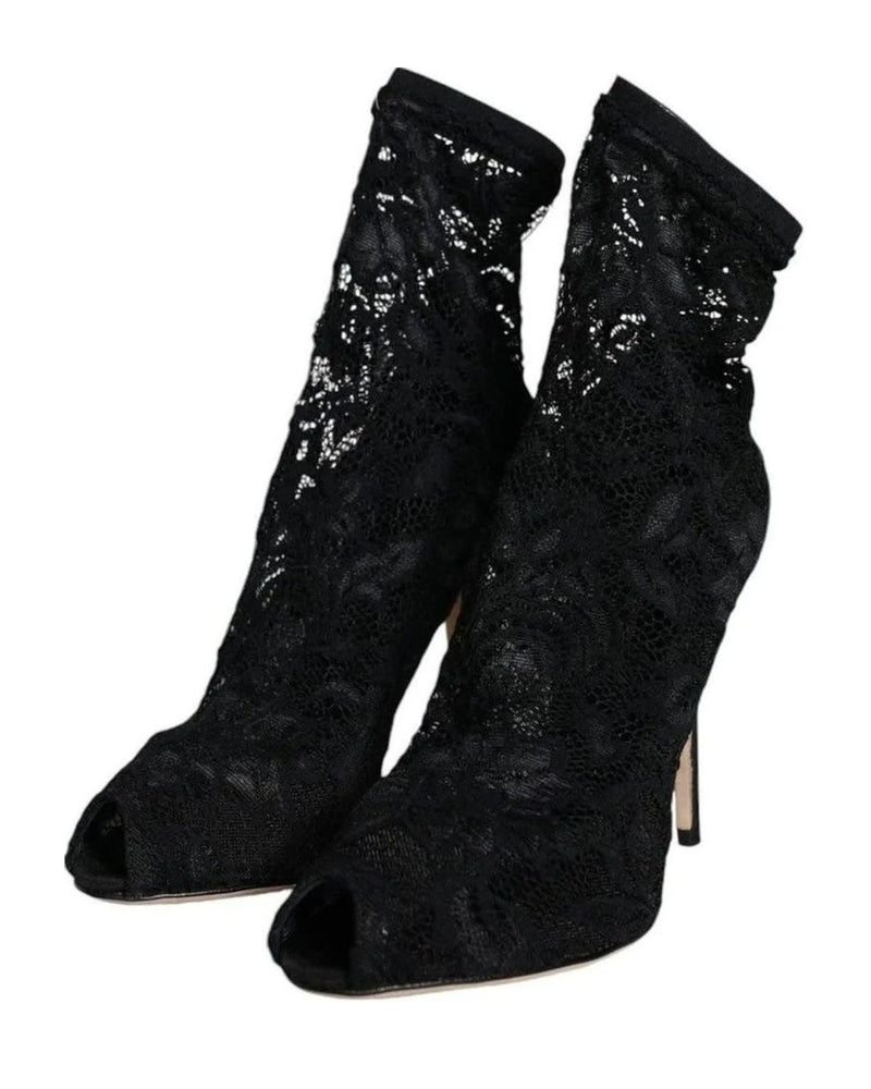 Dolce & Gabbana Black Lace Stretch Heels Mid Calf Boot Shoes Boots