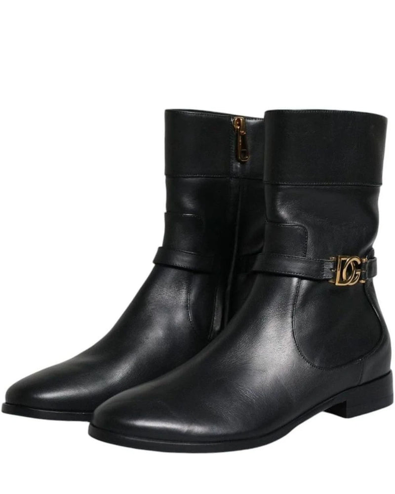 Dolce & Gabbana Black Leather Logo Mid Calf Boots Shoes Boots