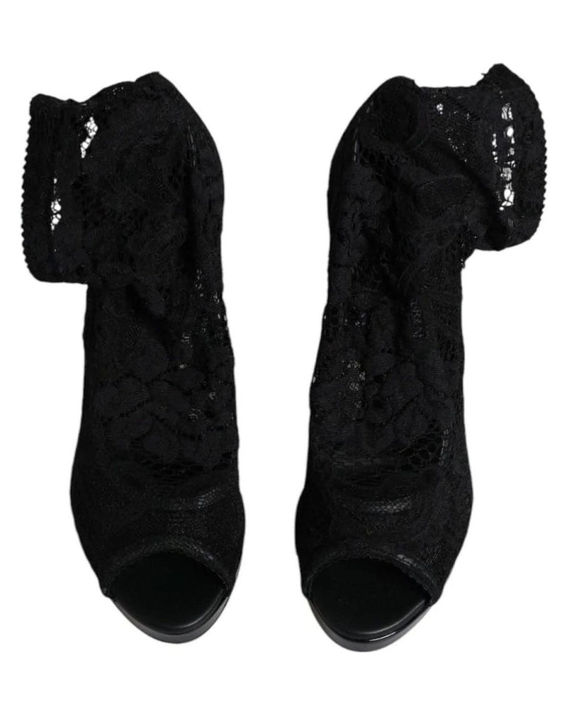 Dolce & Gabbana Black Stretch Taormina Lace Boots Shoes Boots