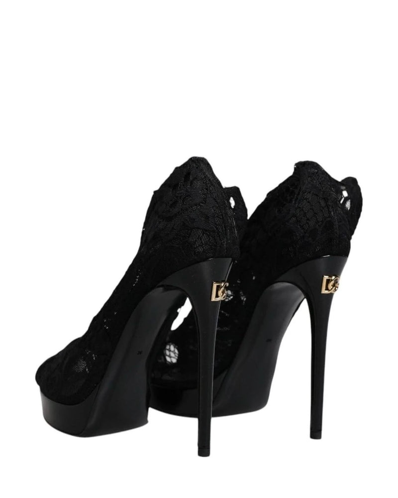 Dolce & Gabbana Black Stretch Taormina Lace Boots Shoes Boots