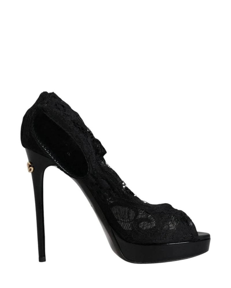 Dolce & Gabbana Black Stretch Taormina Lace Boots Shoes Boots
