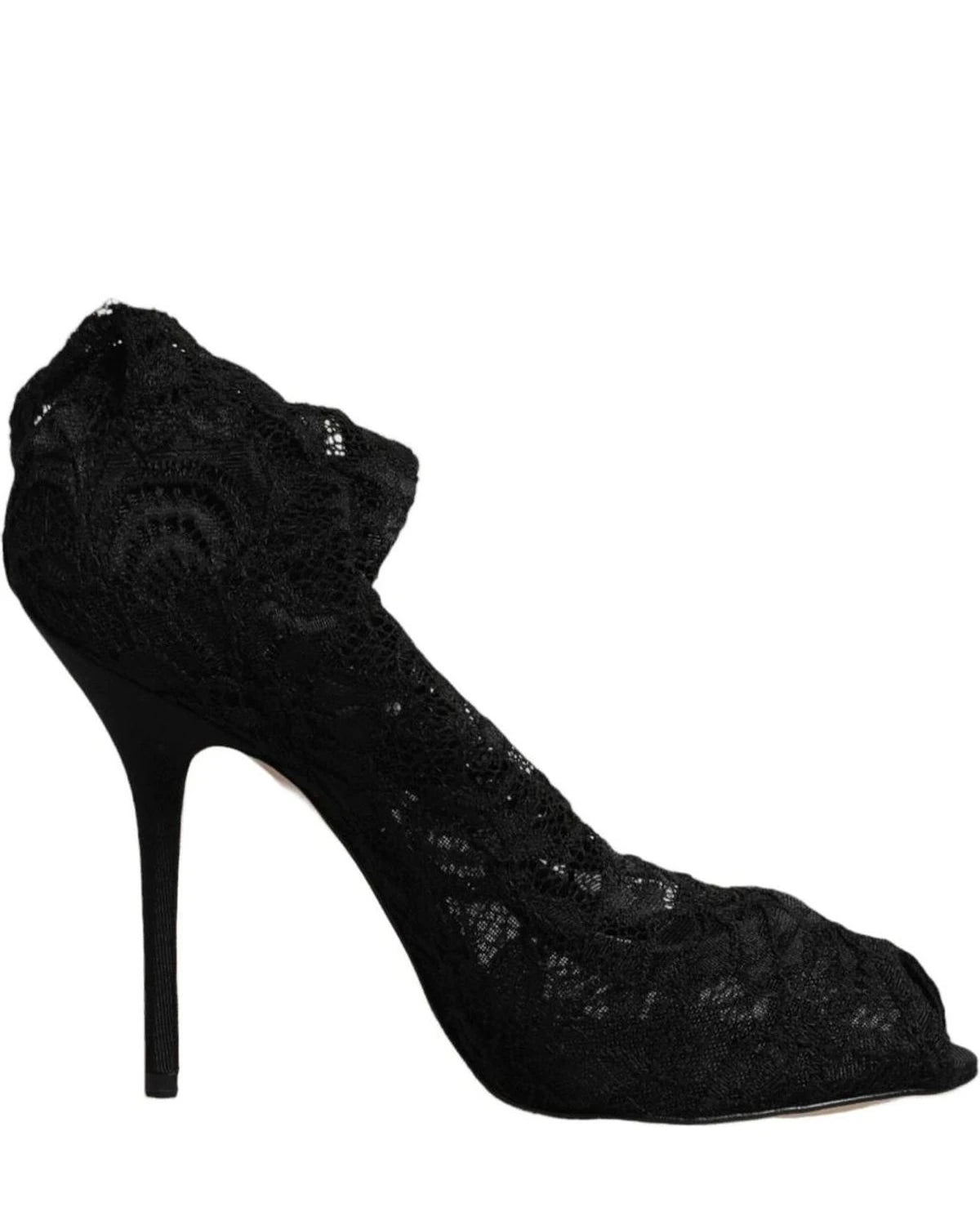 Dolce & Gabbana Black Lace Stretch Heels Mid Calf Boots Shoes