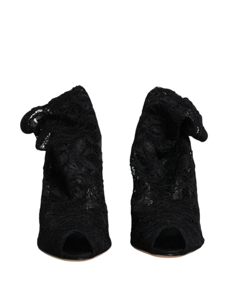 Dolce & Gabbana Black Lace Stretch Heels Mid Calf Boots Shoes Boots