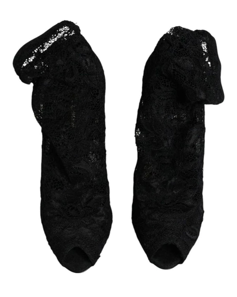 Dolce & Gabbana Black Lace Stretch Heels Mid Calf Boots Shoes Boots