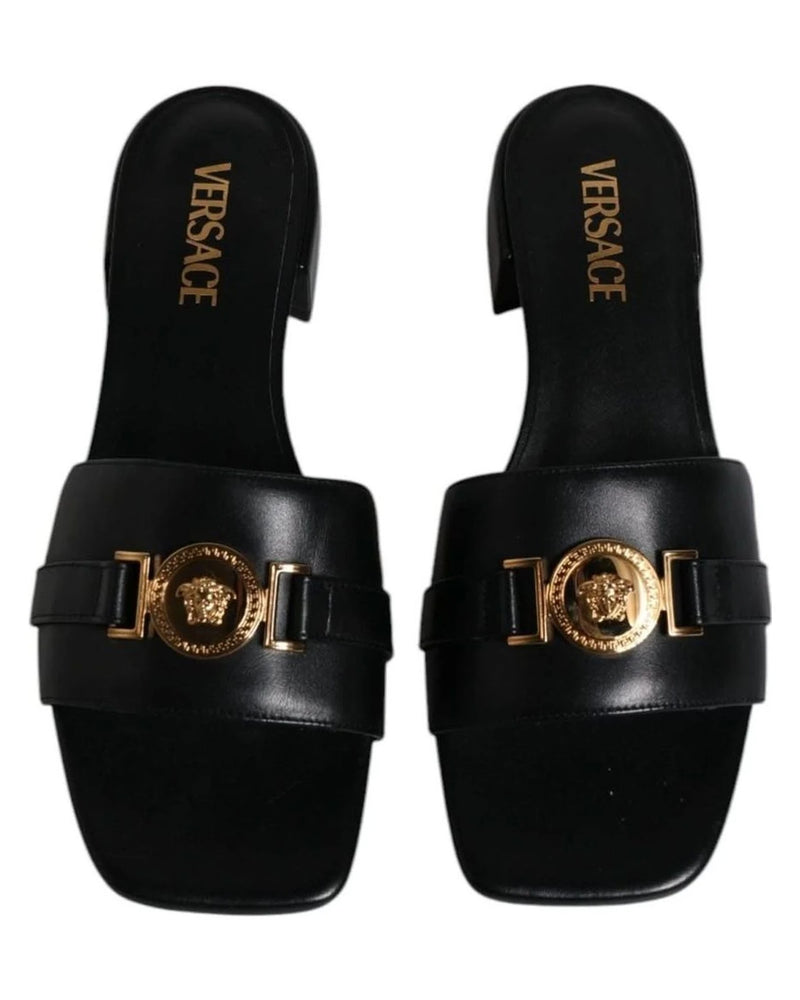 Versace Leather Black Logo Plaque Slip On Slides Flats Shoes Heels
