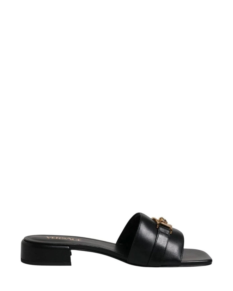 Versace Leather Black Logo Plaque Slip On Slides Flats Shoes Heels