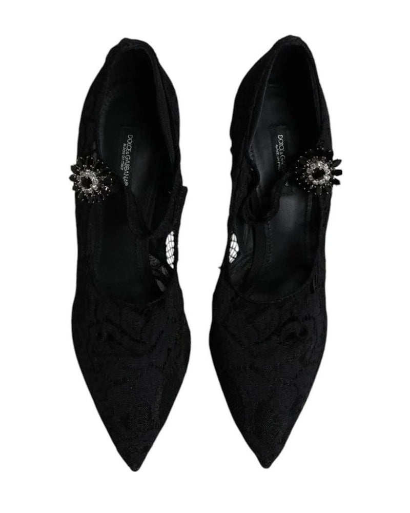 Dolce & Gabbana Black Lace Crystals Mary Jane Pumps Shoes Heels