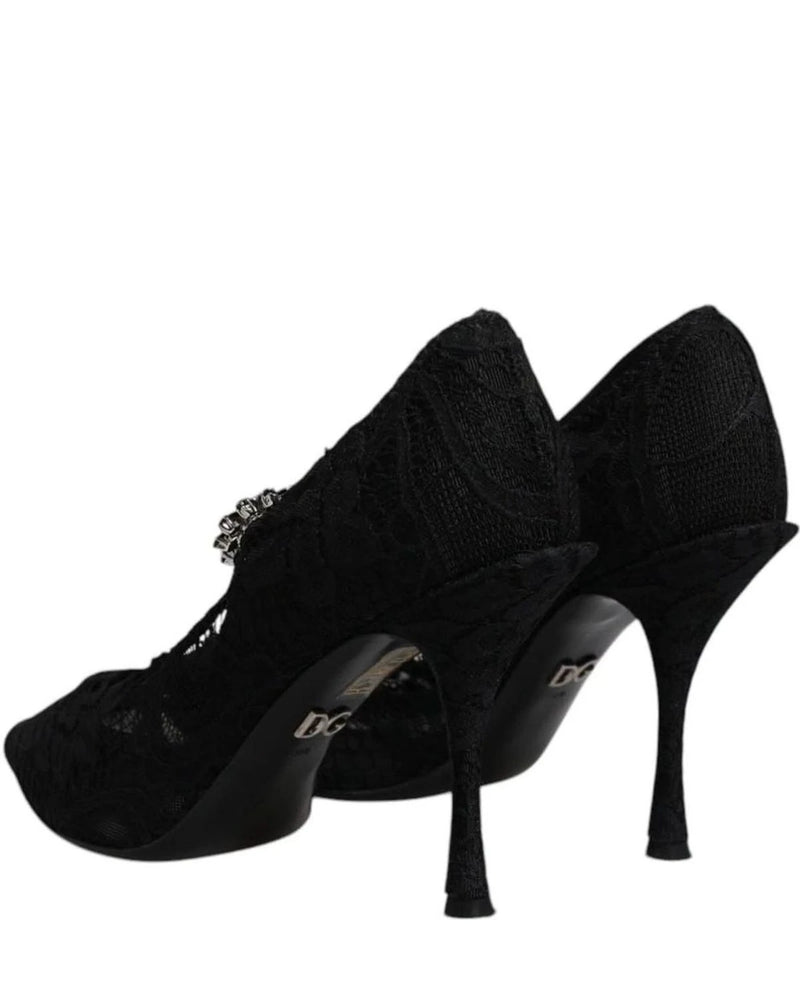 Dolce & Gabbana Black Lace Crystals Mary Jane Pumps Shoes Heels