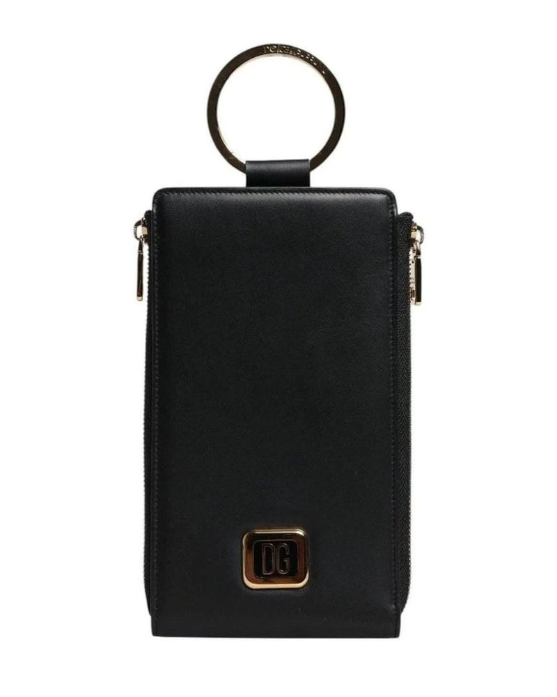 Dolce & Gabbana Black Leather Logo Plaque Neck Strap Card Coin Wallet Wallets