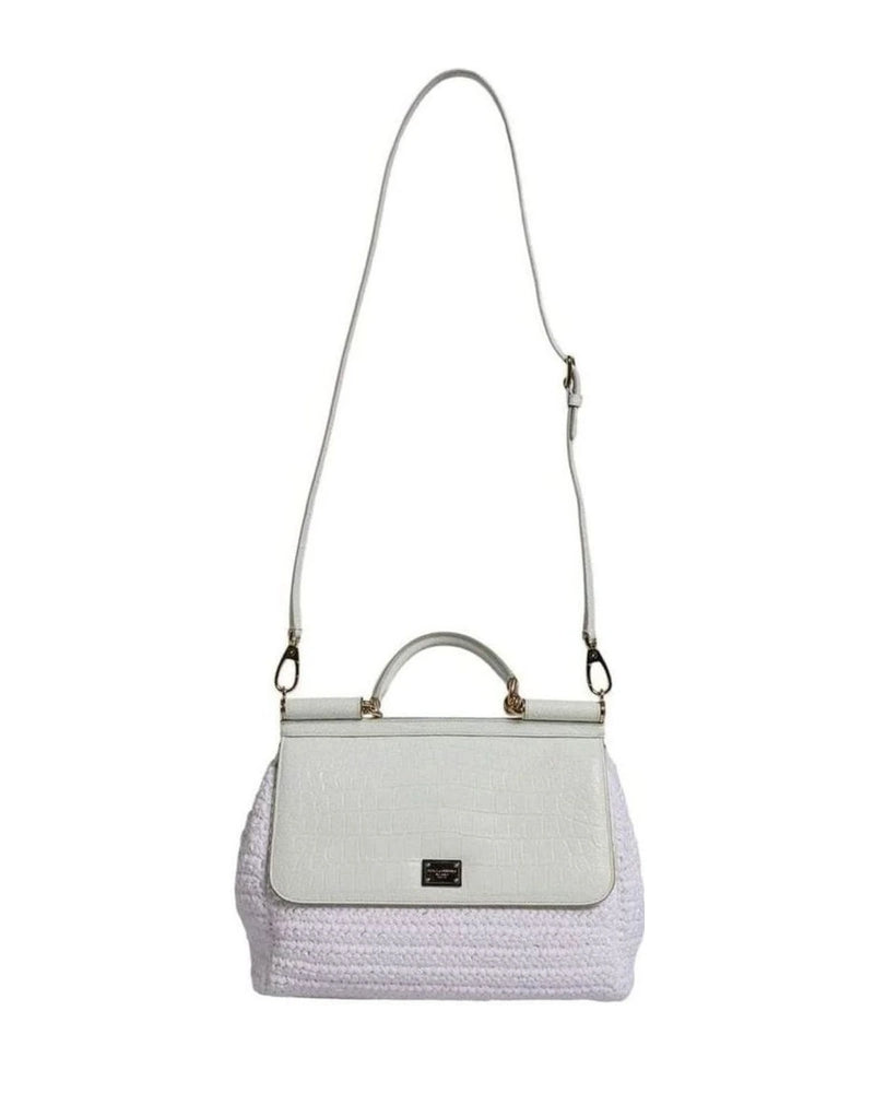 Dolce & Gabbana White Leather Rafia Top Handle Crossbody Bag Cross Body Bags