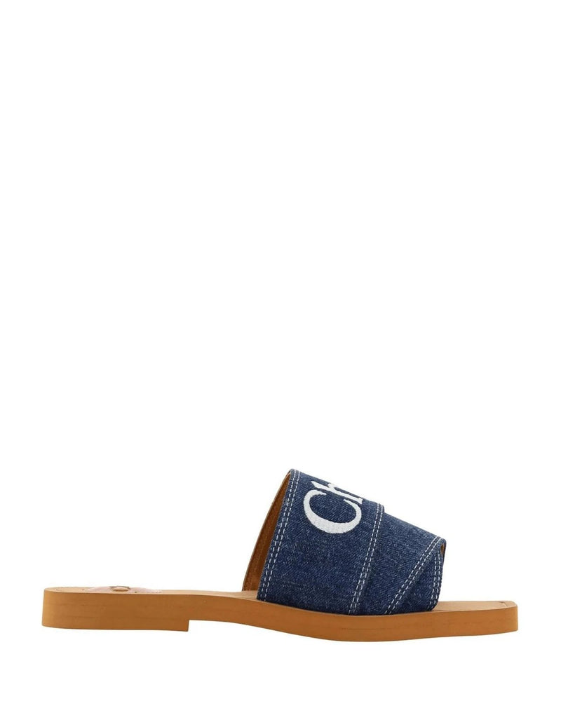 Chloé Cotton Blue Sumptuous Woody Slide Sandals In Denim Slippers