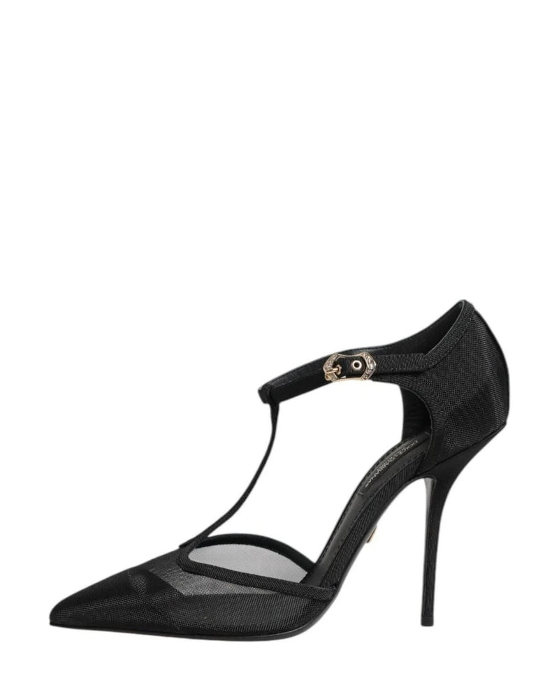 Dolce & Gabbana Black Mesh T Strap Stiletto High Heels Shoes Heels