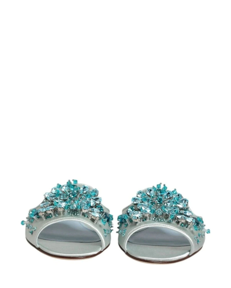 Dolce & Gabbana Blue Leather Bead Embellish Slide Shoes Sandals