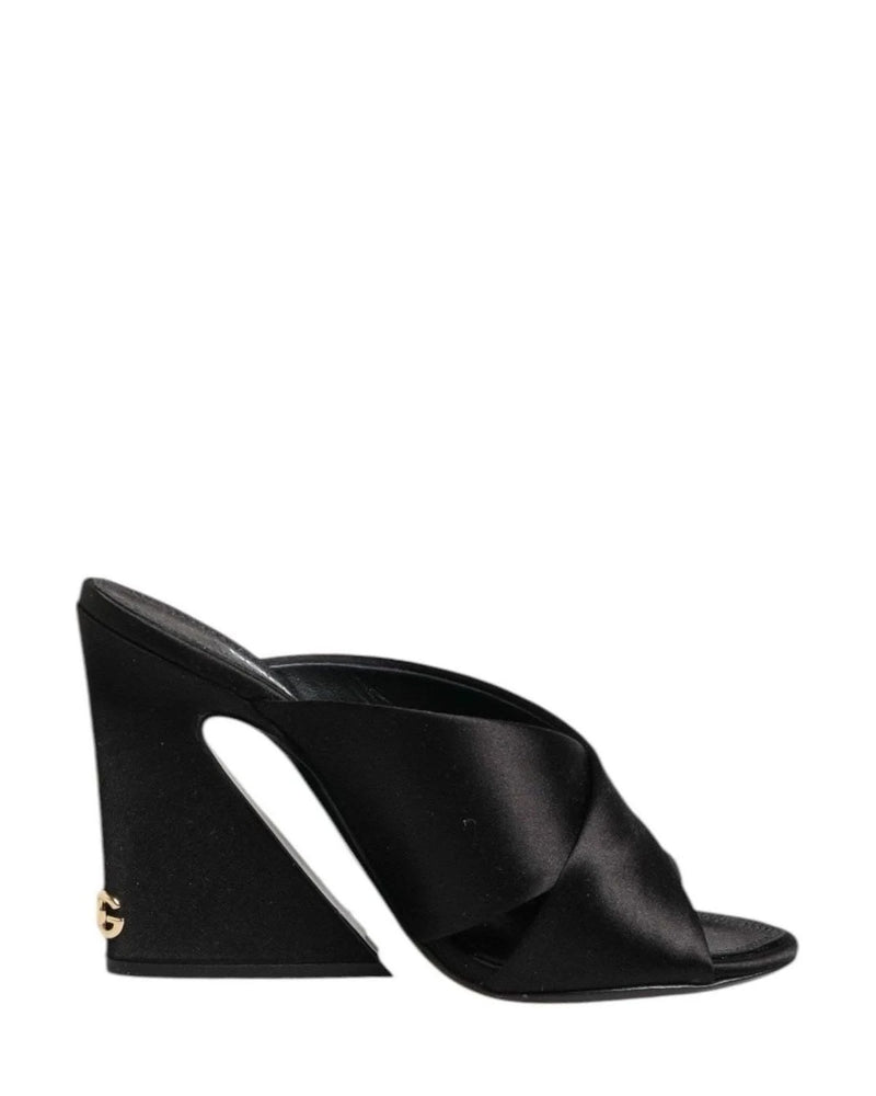Dolce & Gabbana Black Satin Logo Keira Slides Sandals Shoes Heels