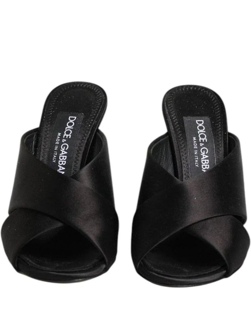 Dolce & Gabbana Black Satin Logo Keira Slides Sandals Shoes Heels