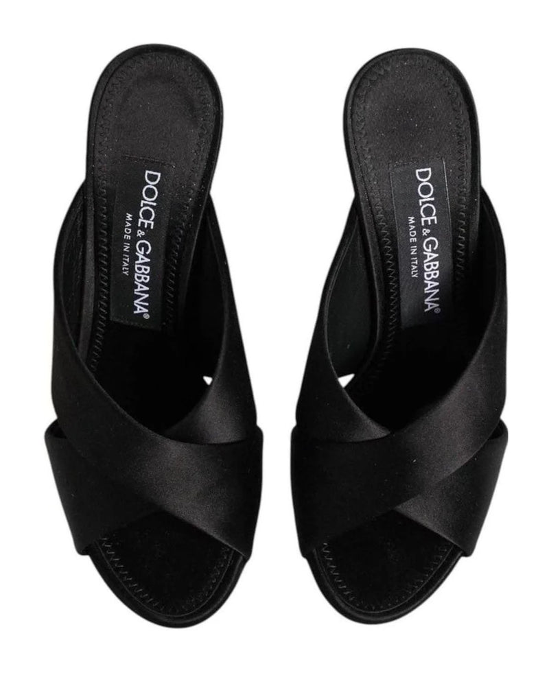 Dolce & Gabbana Black Satin Logo Keira Slides Sandals Shoes Heels