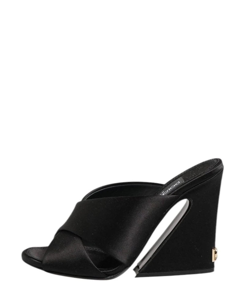 Dolce & Gabbana Black Satin Logo Keira Slides Sandals Shoes Heels