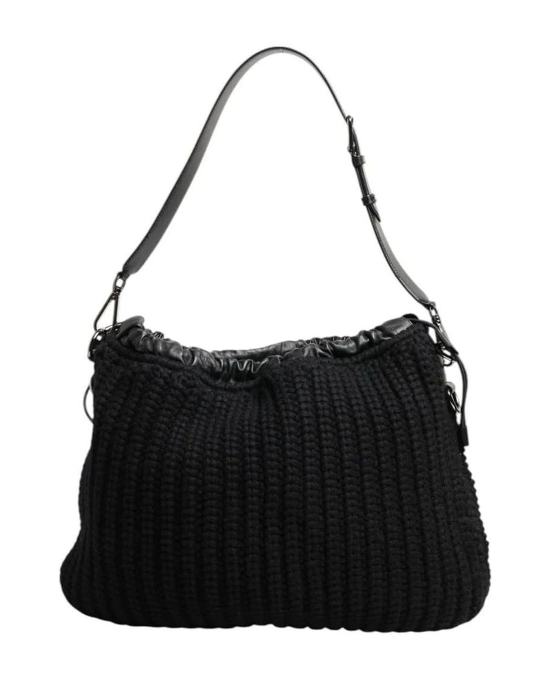 Dolce & Gabbana Black Leather Cashmere Knitted Shoulder Women Borse Bag Shoulder Bags