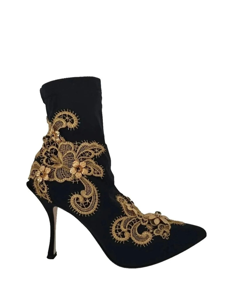 Dolce & Gabbana Black Gold Embroidery Crystal Boots Shoes Boots