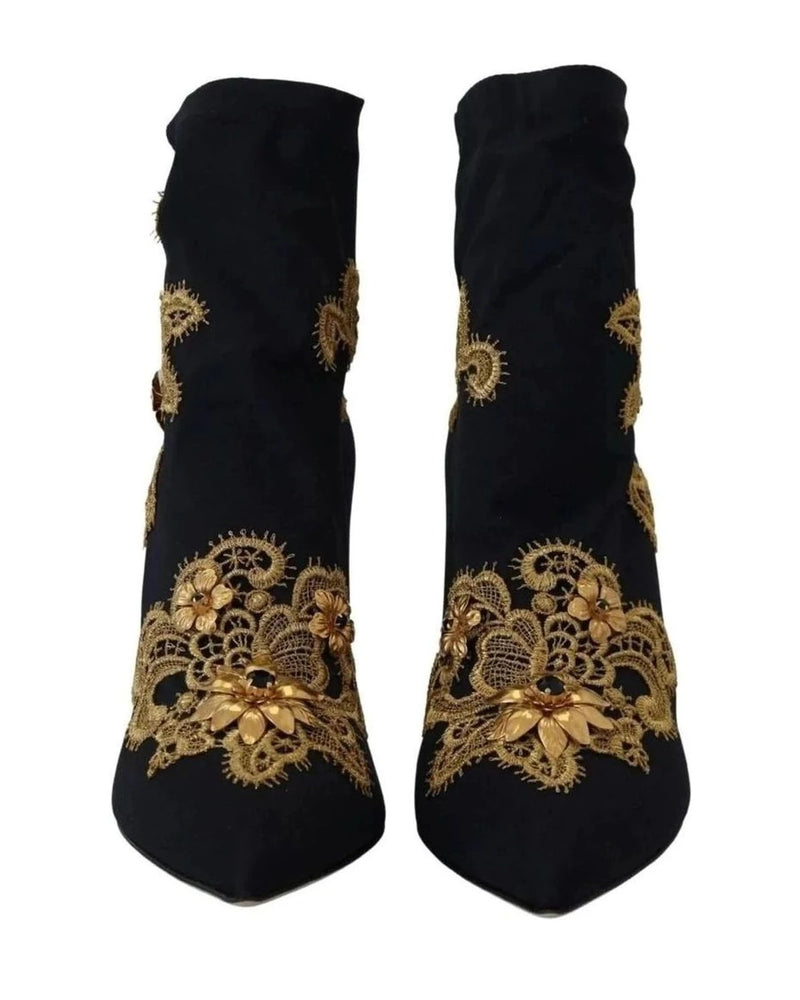 Dolce & Gabbana Black Gold Embroidery Crystal Boots Shoes Boots
