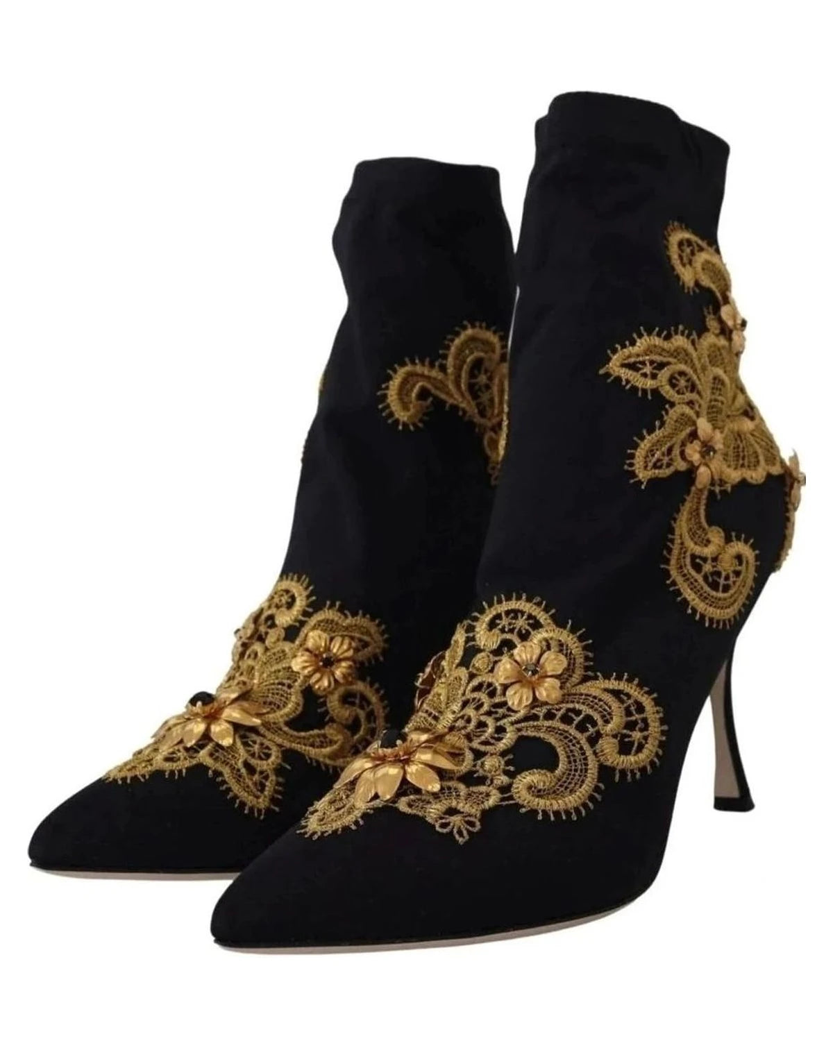 Dolce & Gabbana Black Gold Embroidery Crystal Boots Shoes Boots