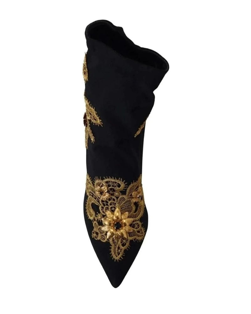 Dolce & Gabbana Black Gold Embroidery Crystal Boots Shoes Boots