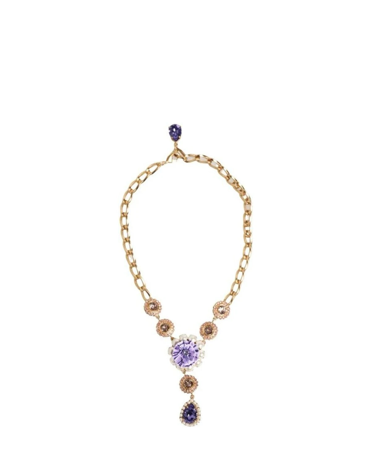 Dolce & Gabbana Purple Brass Crystal Pearl Floral Pendant Jewelry Necklace