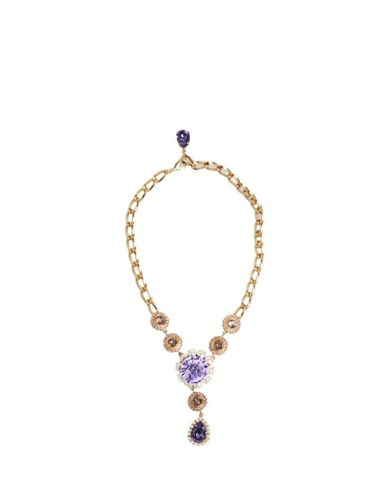 Dolce & Gabbana Purple Brass Crystal Pearl Floral Pendant Jewelry Necklace Necklaces
