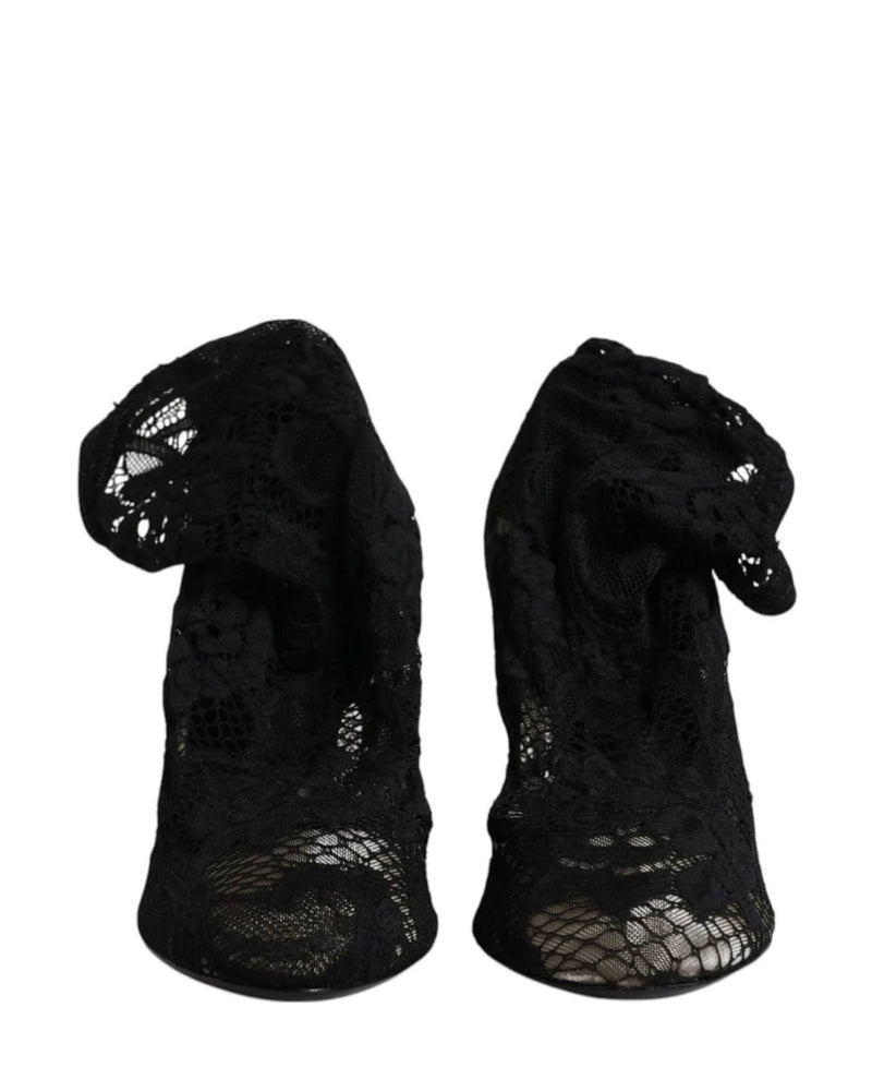 Dolce & Gabbana Black Lace Stretch Heels Mid Calf Boots Shoes Boots