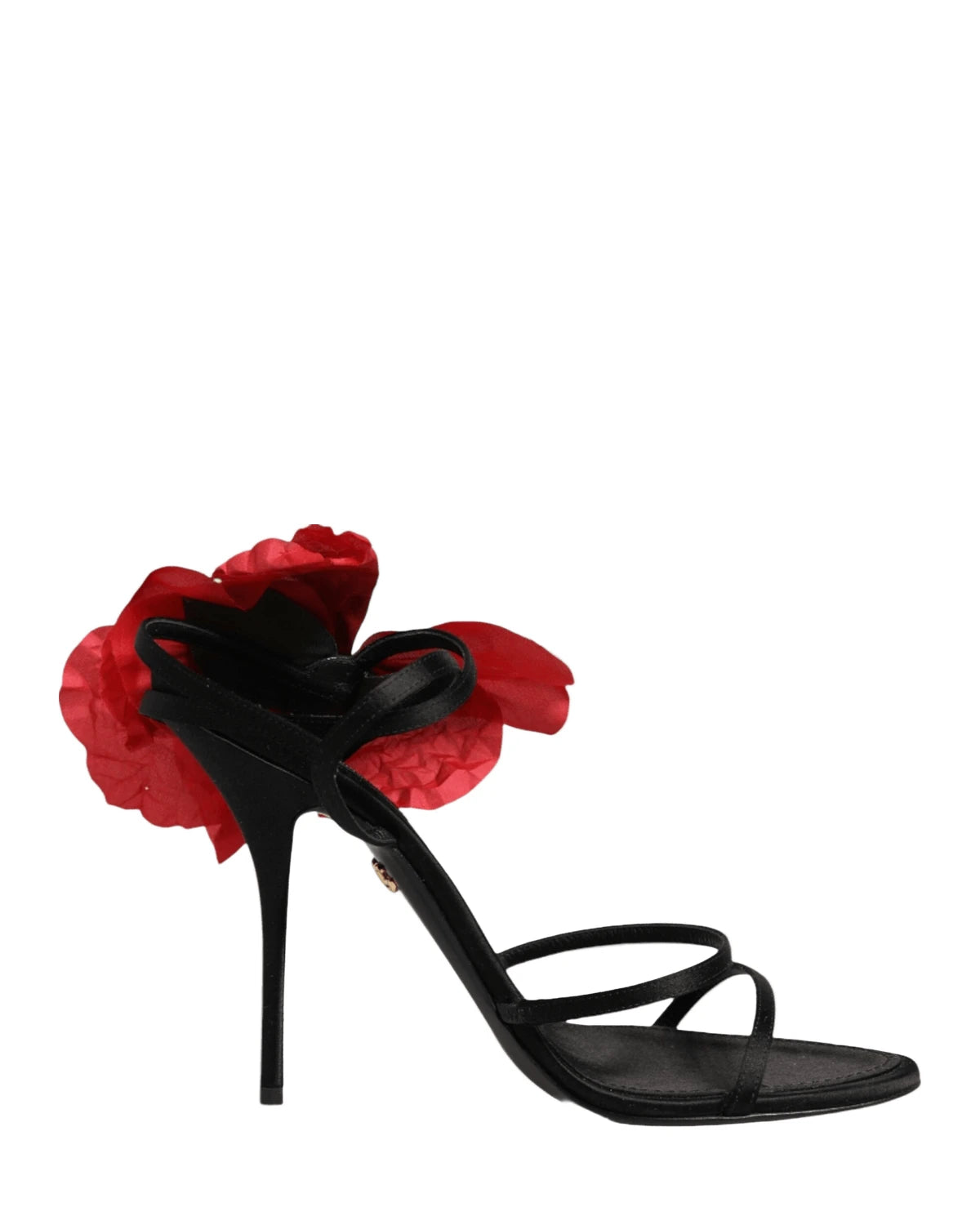 Dolce & Gabbana Black Leather Strappy Flower Heels Sandals Shoes Heels