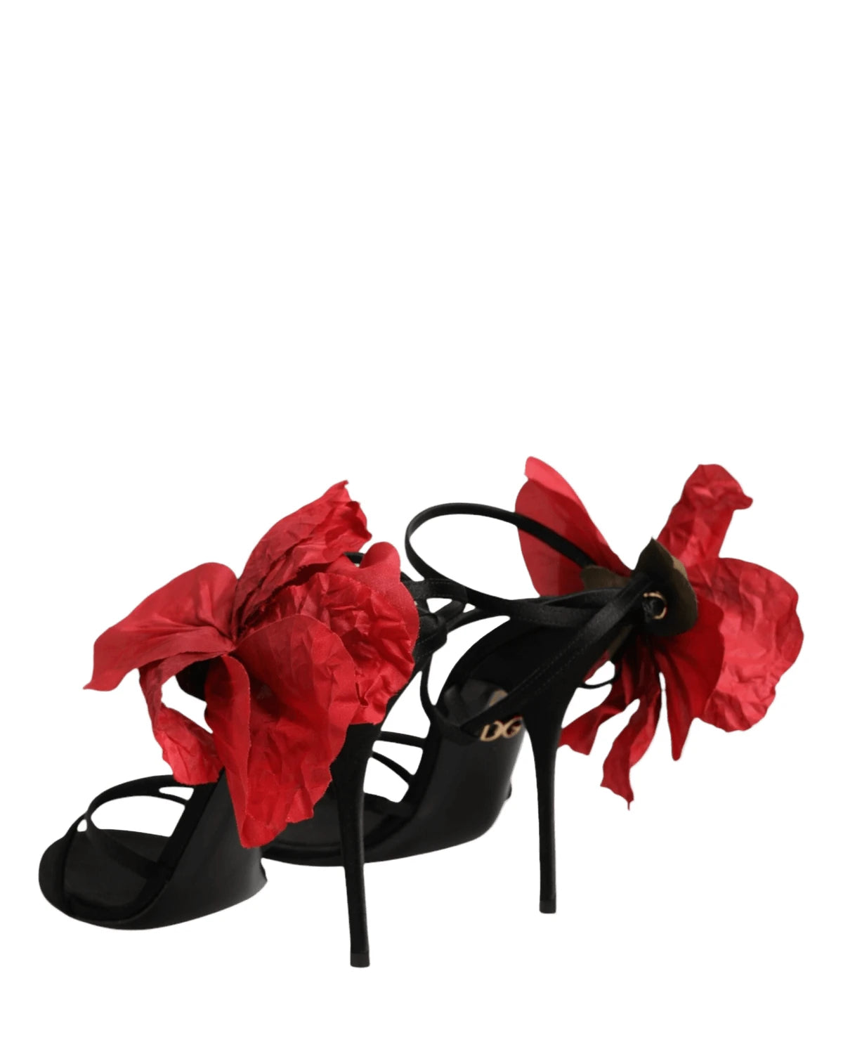 Dolce & Gabbana Black Leather Strappy Flower Heels Sandals Shoes Heels