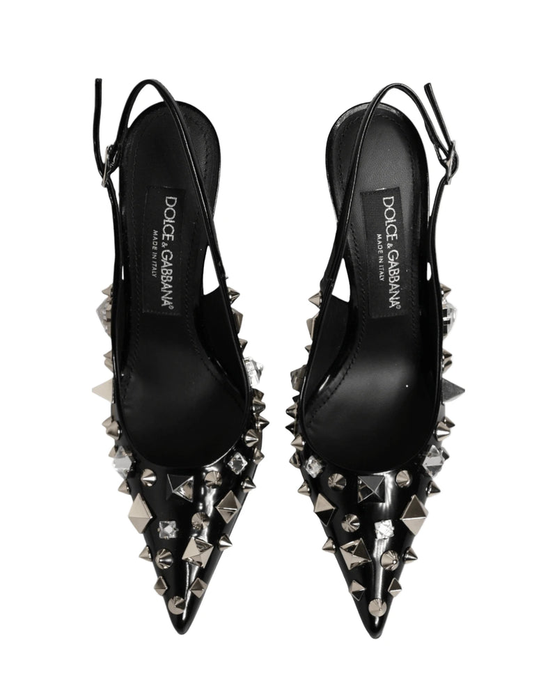 Dolce & Gabbana Black Leather Studded Heels Slingbacks Shoes Heels