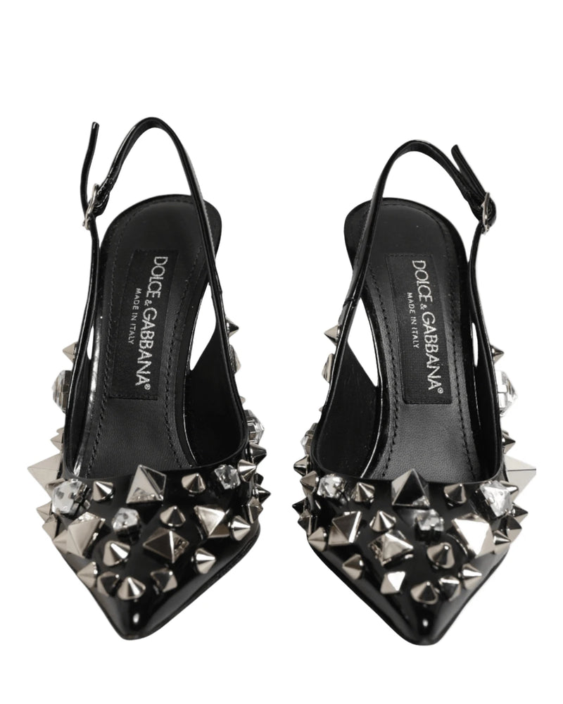 Dolce & Gabbana Black Leather Studded Heels Slingbacks Shoes Heels