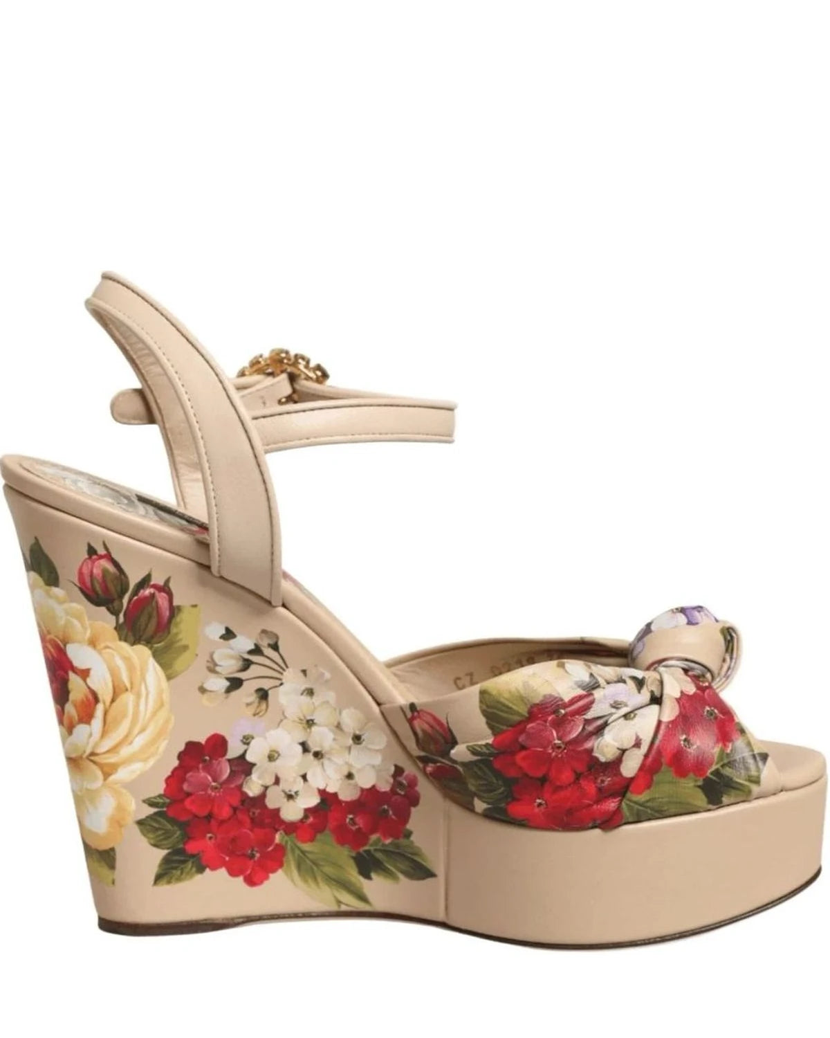 Dolce & Gabbana Beige Floral Ankle Strap Wedge Sandals Shoes Sandals