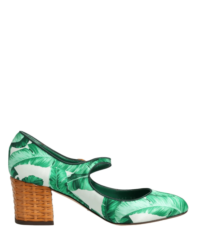 Dolce & Gabbana Green Silk Mary Janes Leaf Sandals Shoes Heels
