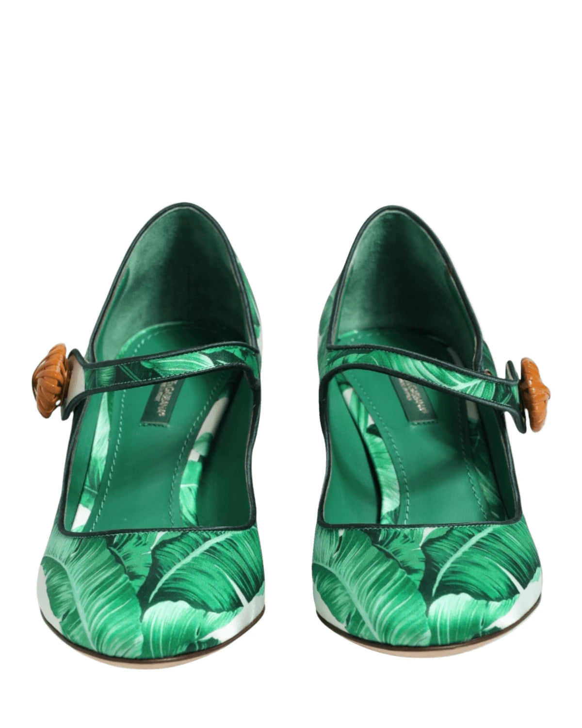 Dolce & Gabbana Green Silk Mary Janes Leaf Sandals Shoes Heels