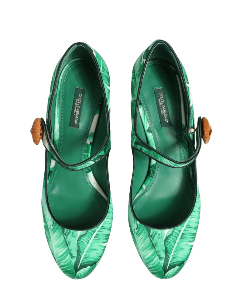 Dolce & Gabbana Green Silk Mary Janes Leaf Sandals Shoes Heels