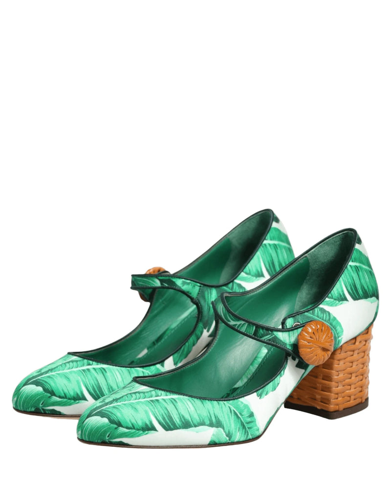 Dolce & Gabbana Green Silk Mary Janes Leaf Sandals Shoes Heels