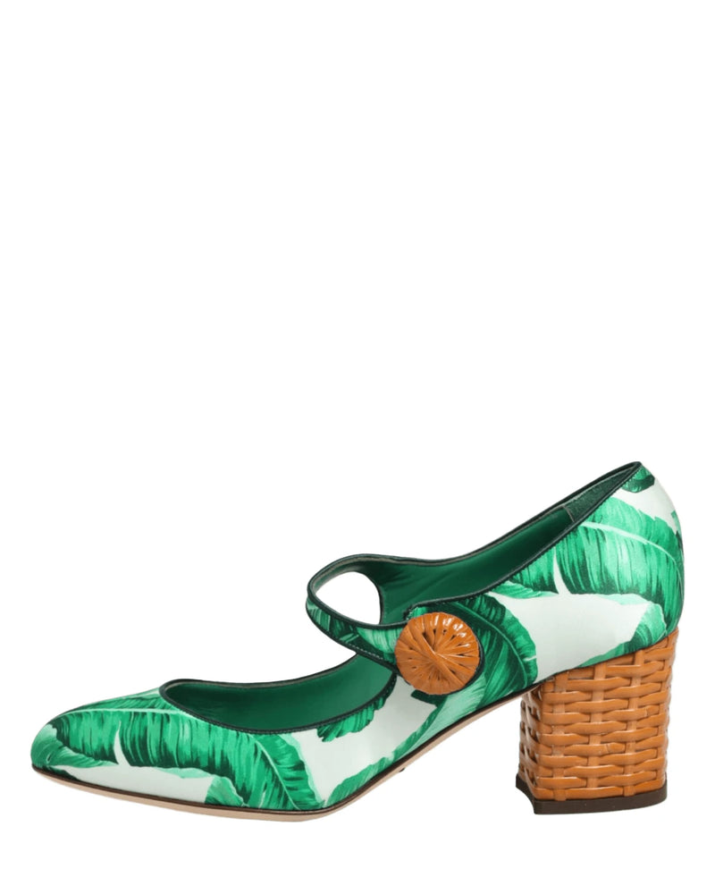 Dolce & Gabbana Green Silk Mary Janes Leaf Sandals Shoes Heels