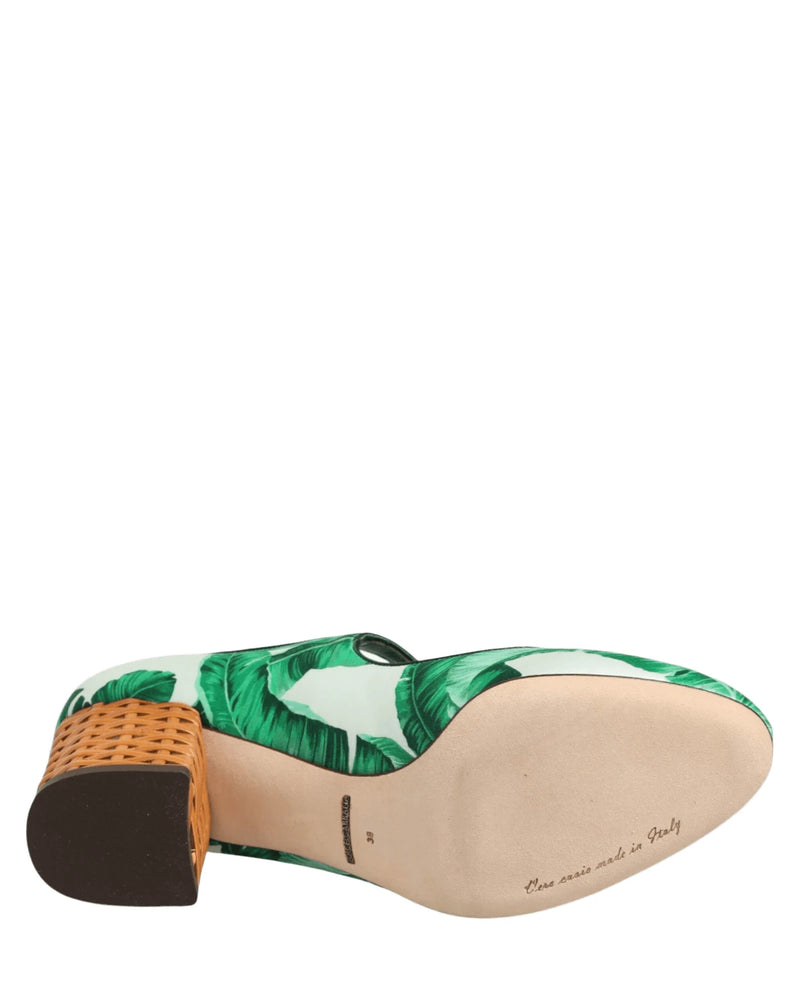 Dolce & Gabbana Green Silk Mary Janes Leaf Sandals Shoes Heels