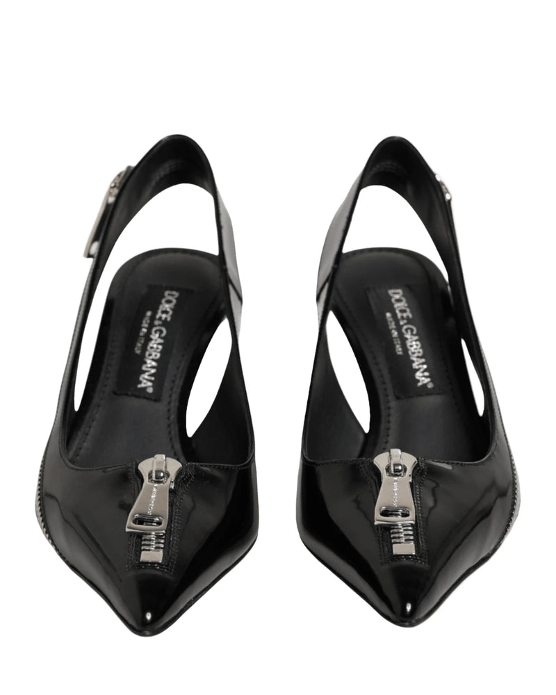 Dolce & Gabbana Black Leather Zipper Heels Slingbacks Shoes Heels