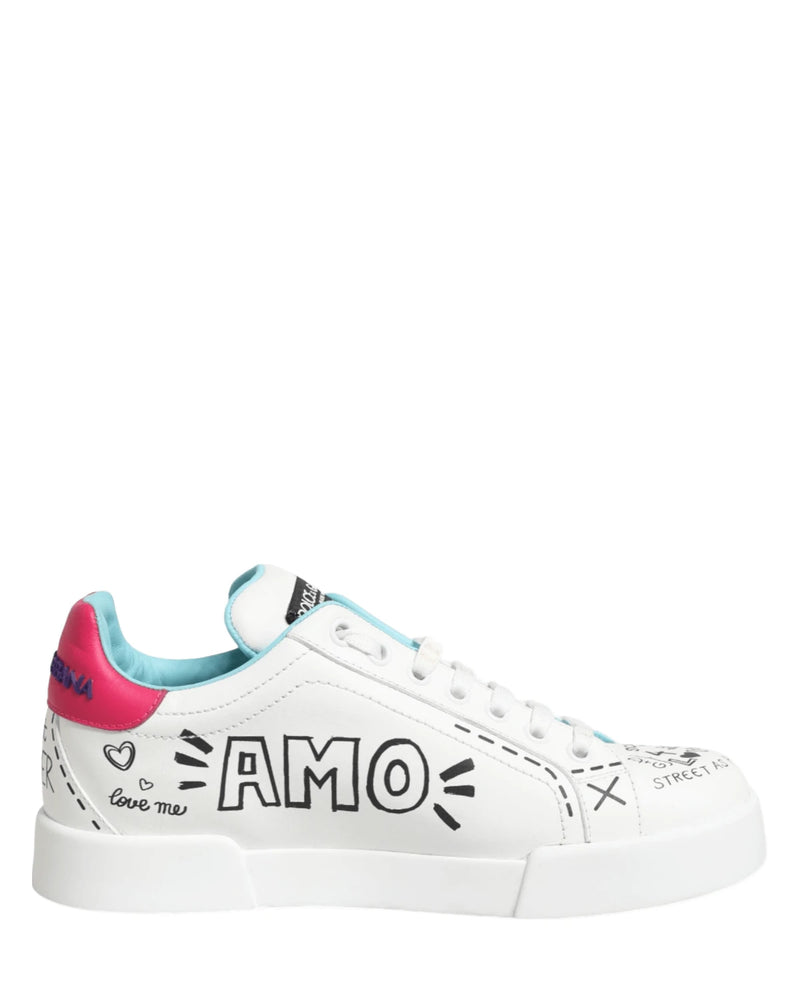 Dolce & Gabbana White Leather Graffiti Low Top Sneakers Shoes Sneakers