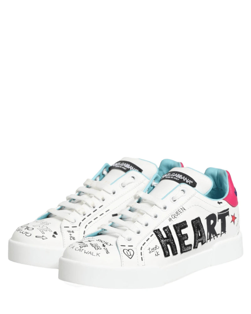 Dolce & Gabbana White Leather Graffiti Low Top Sneakers Shoes Sneakers