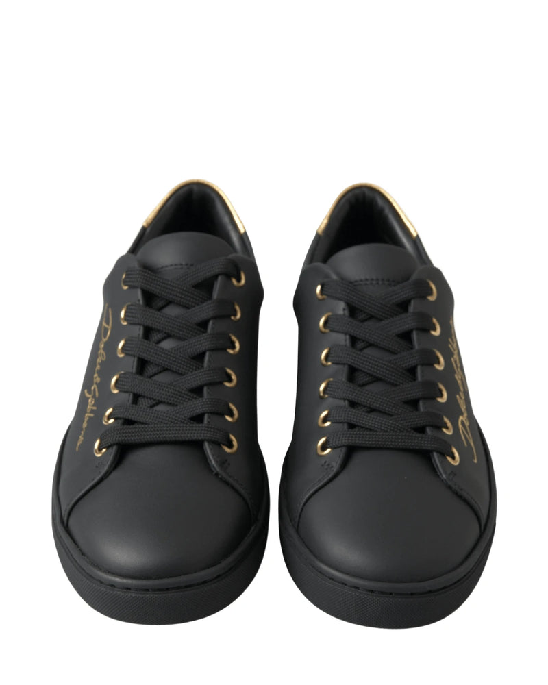 Dolce & Gabbana Black Leather Gold Classic Sneakers Shoes Sneakers